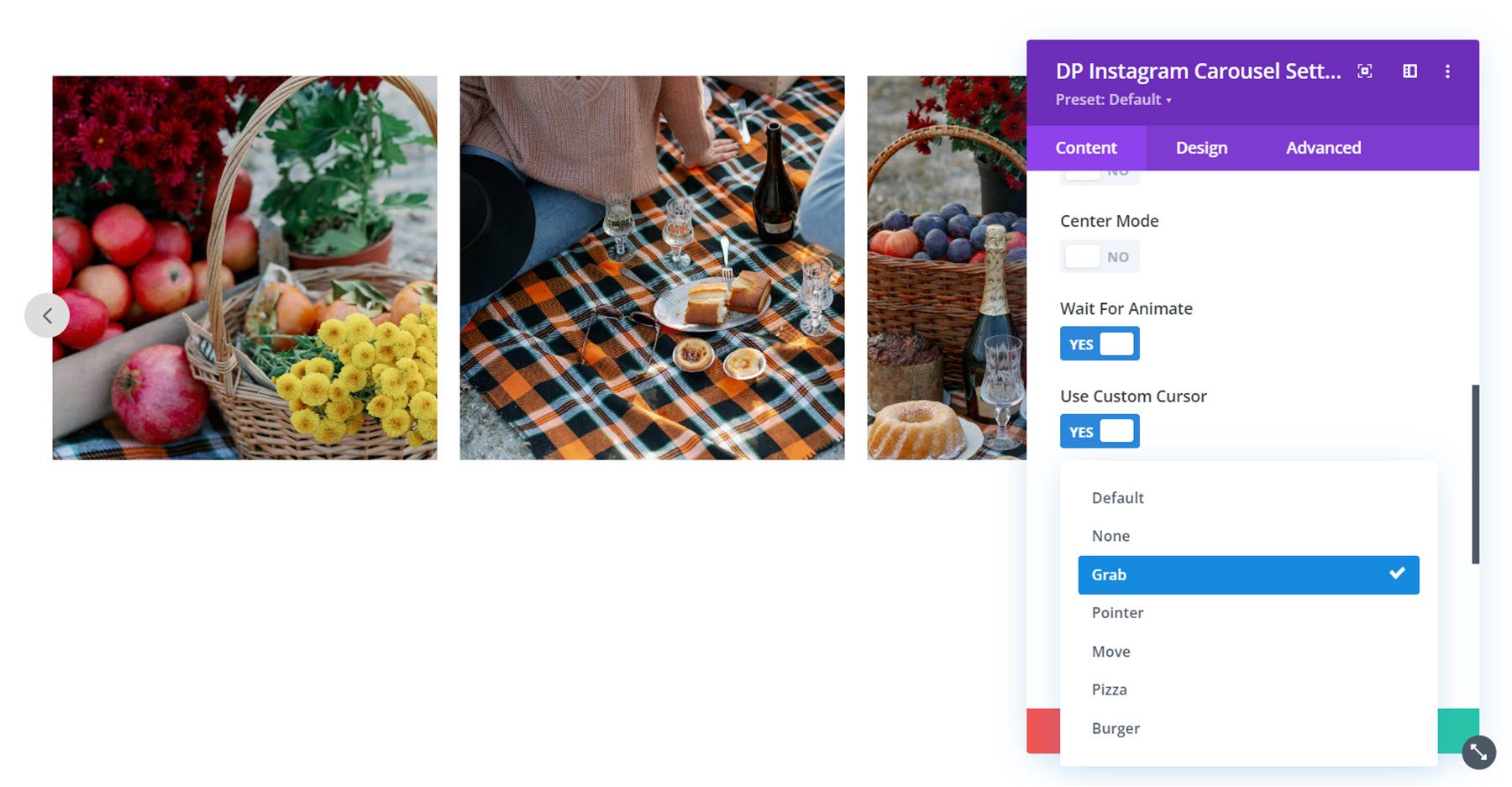 Divi Social Plus Instagram Karussell Benutzerdefinierter Cursor