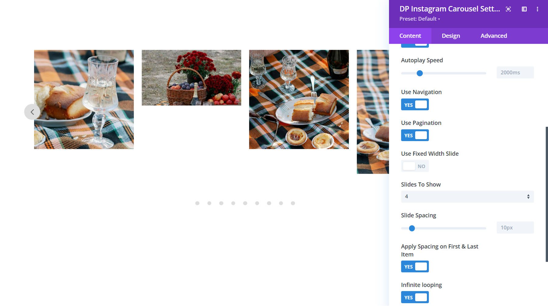 Divi Social Plus Instagram Carousel Настройки карусели