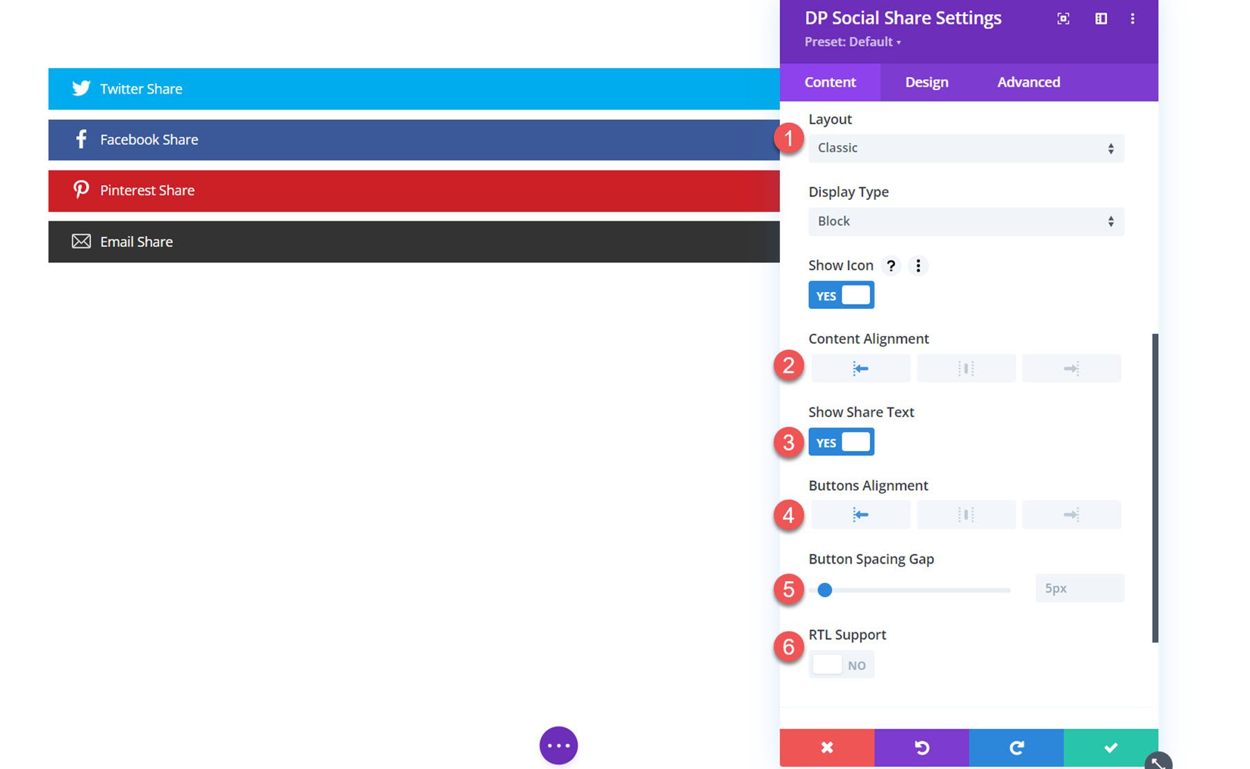 Disposition de partage social Divi Social Plus classique