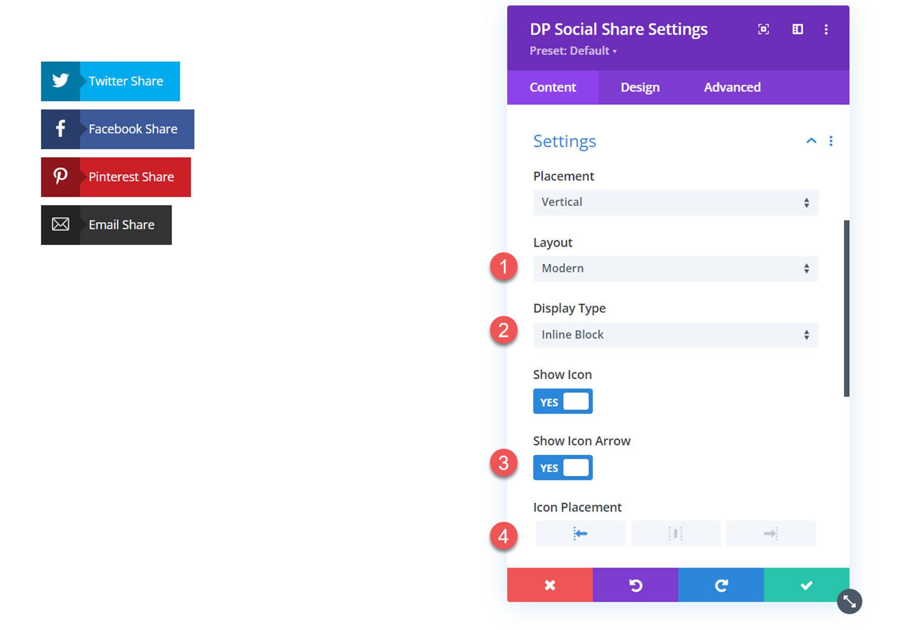 Disposition de partage social Divi Social Plus