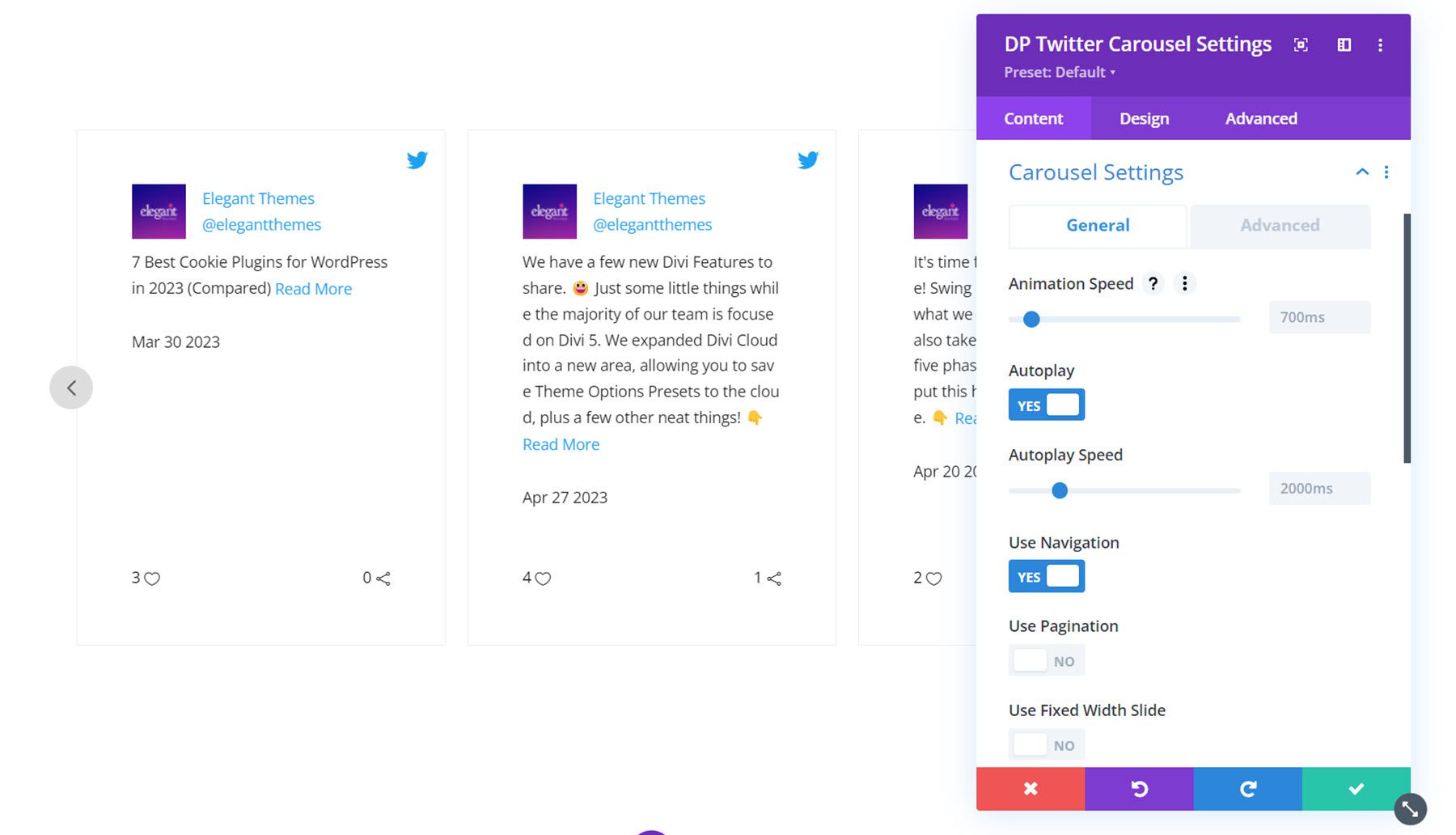 Configuración del carrusel de Twitter de Divi Social Plus