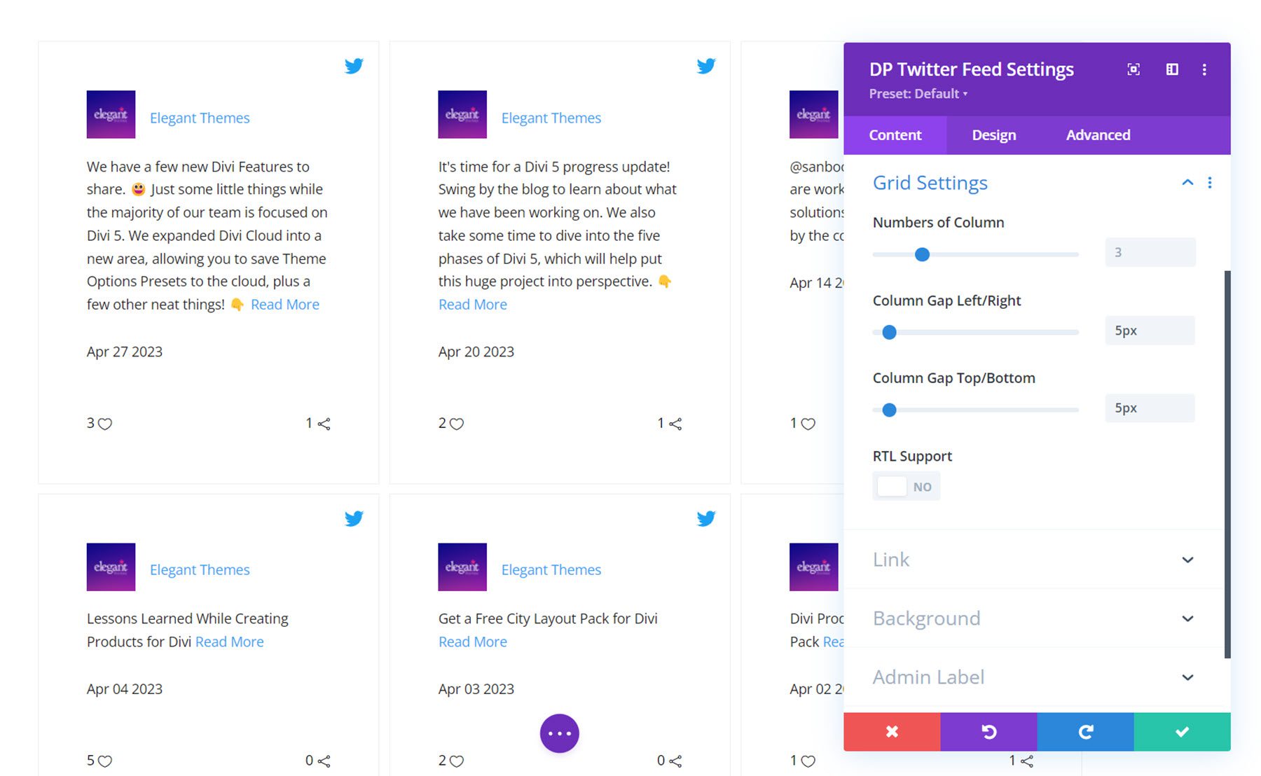 Configuración de la cuadrícula de feeds de Twitter de Divi Social Plus