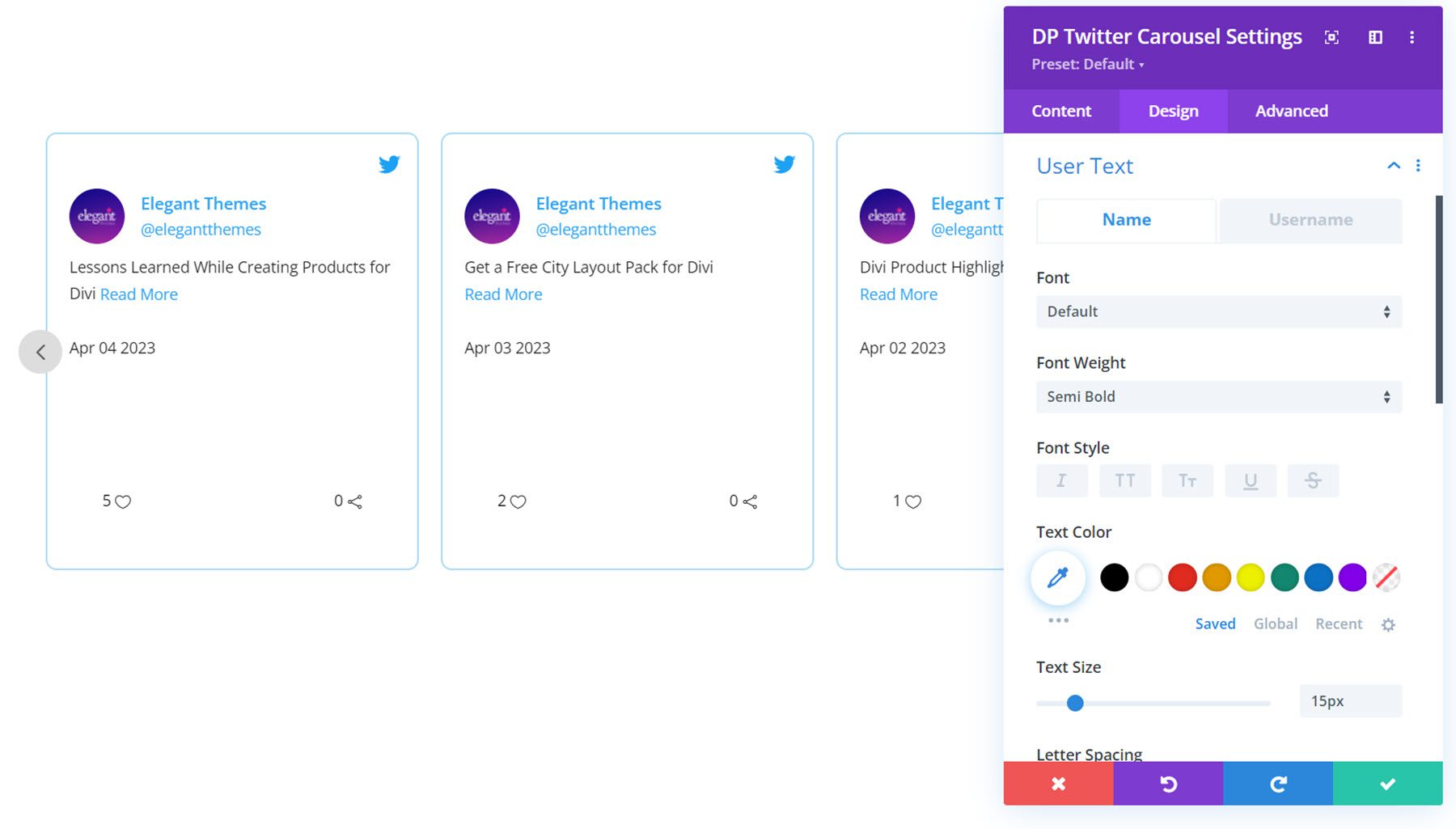 Texto de usuario de carrusel de Twitter de Divi Social Plus