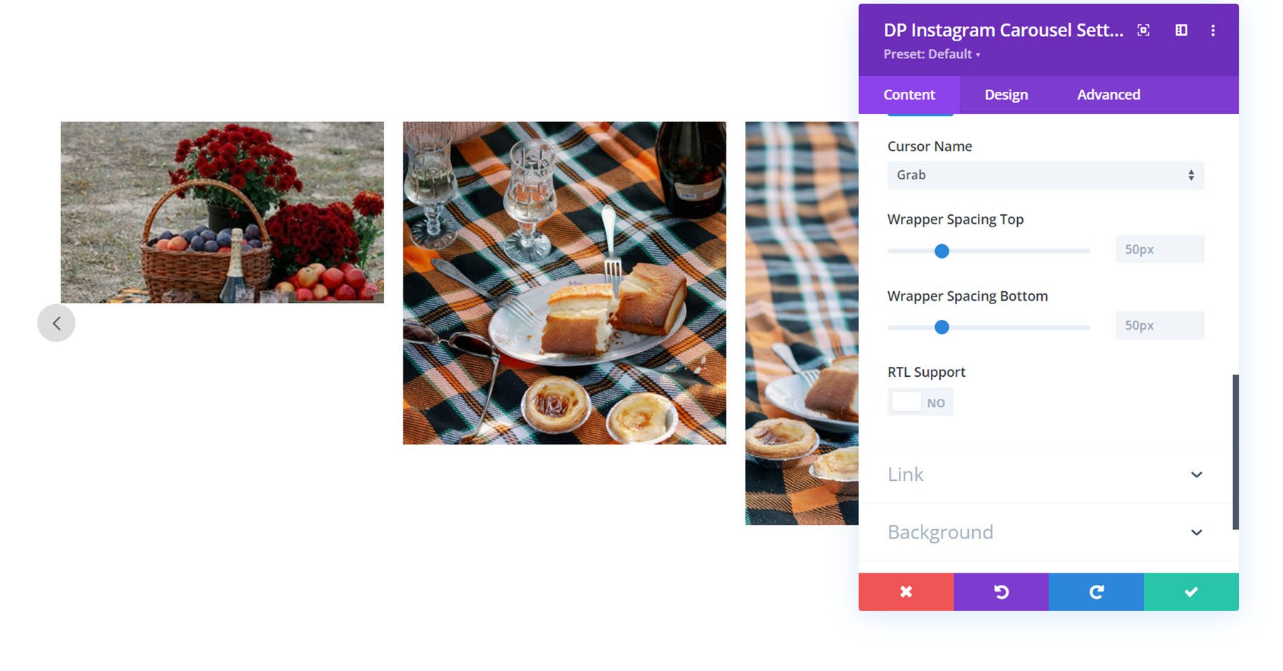 Paramètres RTL de l'emballage du carrousel Instagram de Divi Social Plus