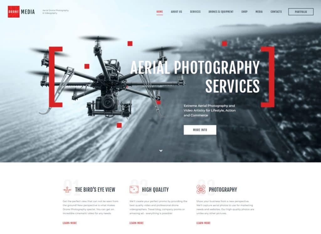 Médias drones | Thème WordPress pour photographie et vidéographie aérienne + Elementor