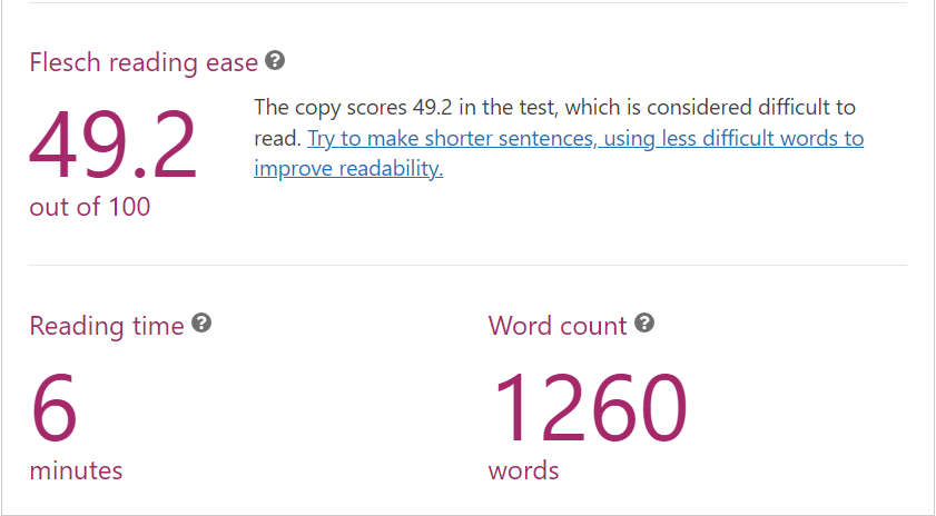 ตัวอย่างของคะแนนการอ่าน Flesch ที่ไม่ดีใน Yoast SEO