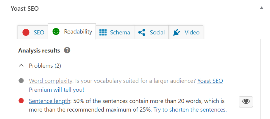 คำเตือนประโยคยาวใน Yoast SEO