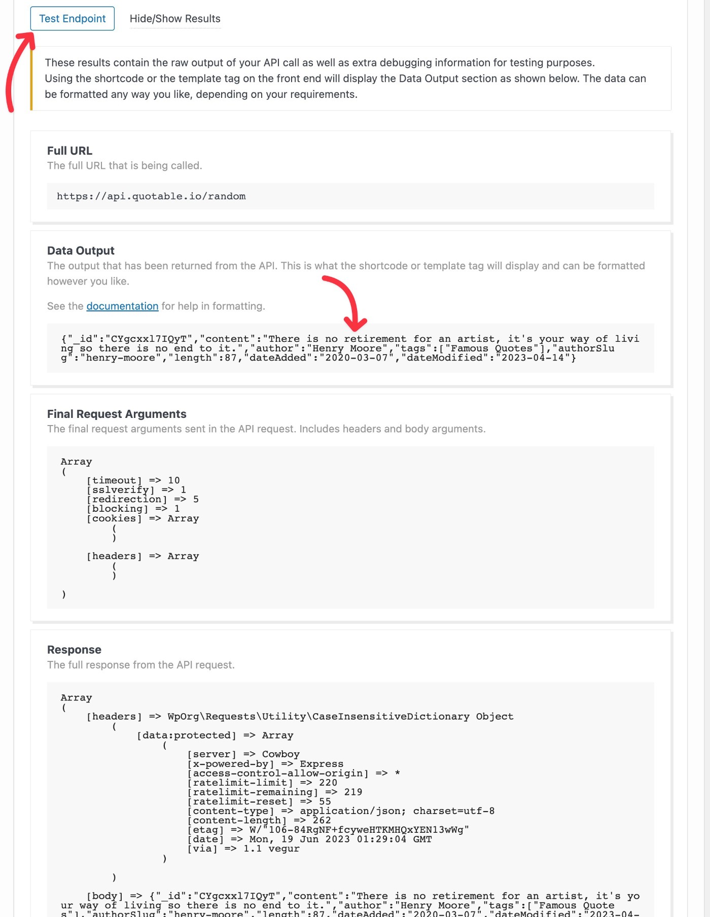 Keluaran data API