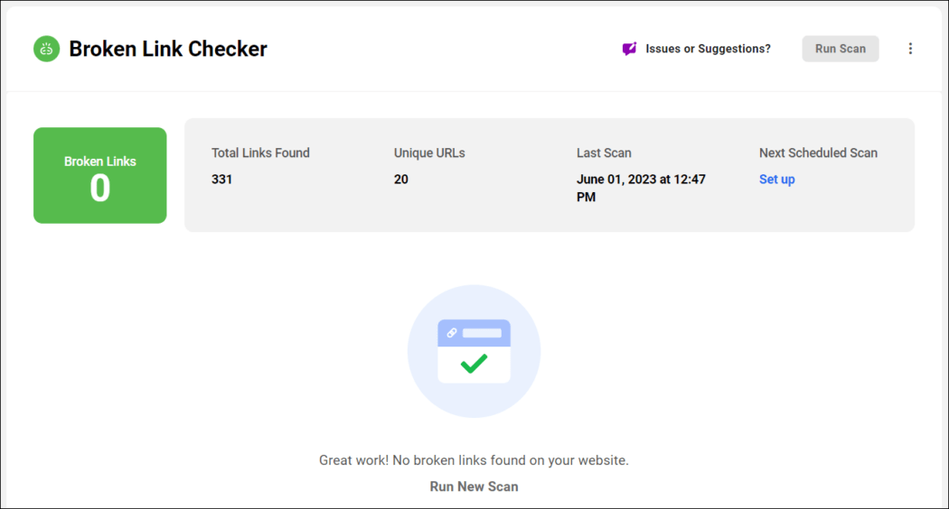 Os resultados da verificação BLC não mostram links quebrados.