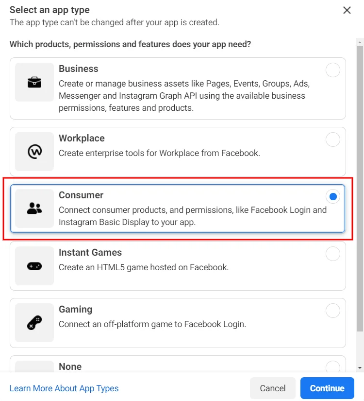 Selectarea unui tip de aplicație Facebook.