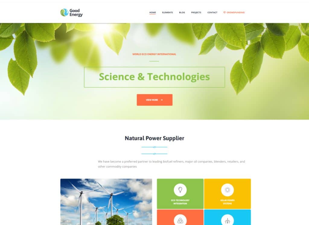 Good Energy - Tema de WordPress para empresas de energía renovable y ecología