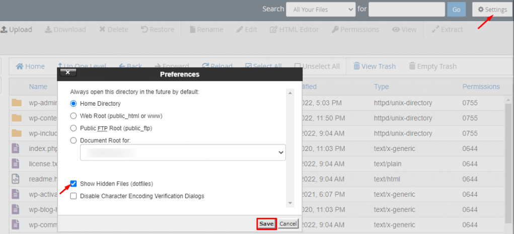 Una captura de pantalla de .htaccess para cambiar la configuración y mostrar los archivos ocultos