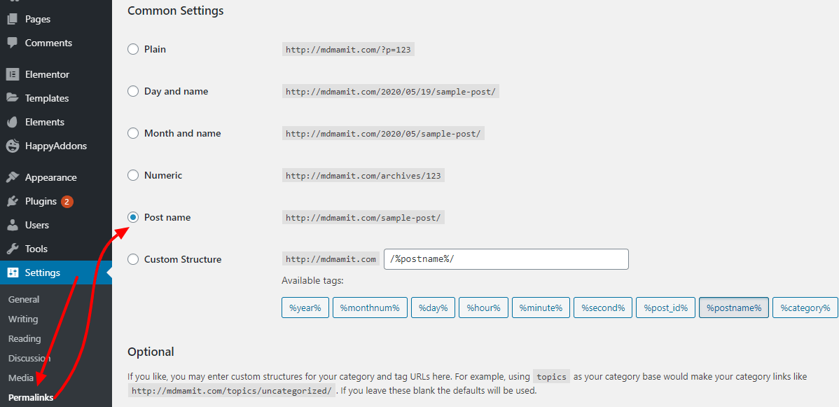 Configuração de link permanente