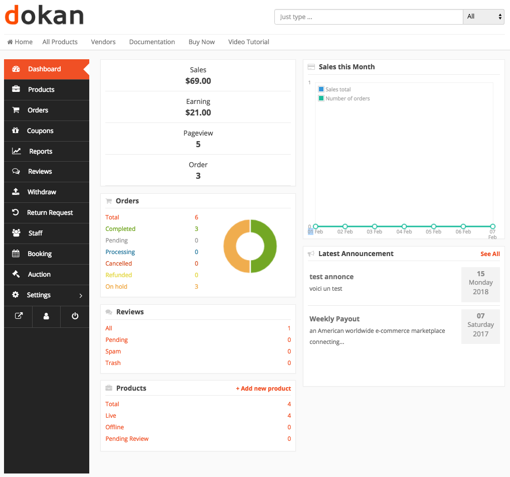 Vendor Dashboard'un ekran görüntüsü