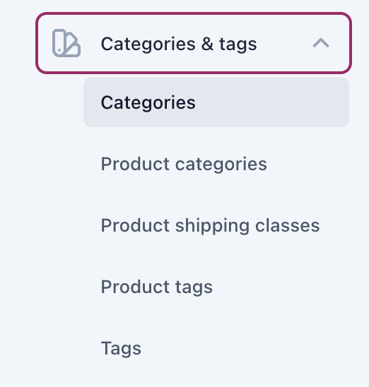 configurações de categorias e tags