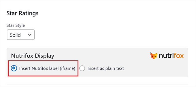 Choose the Insert Nutrifox Label option in the nutrition section