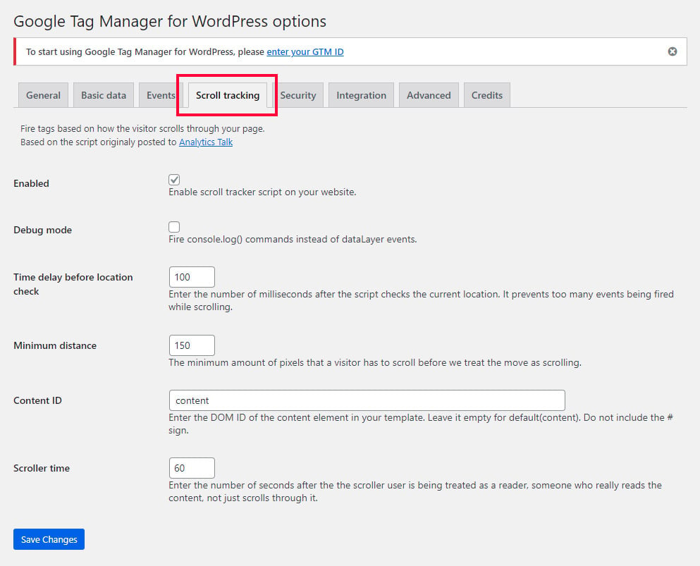 การกำหนดค่าการติดตามการเลื่อนภายในปลั๊กอิน Google Tag Manager