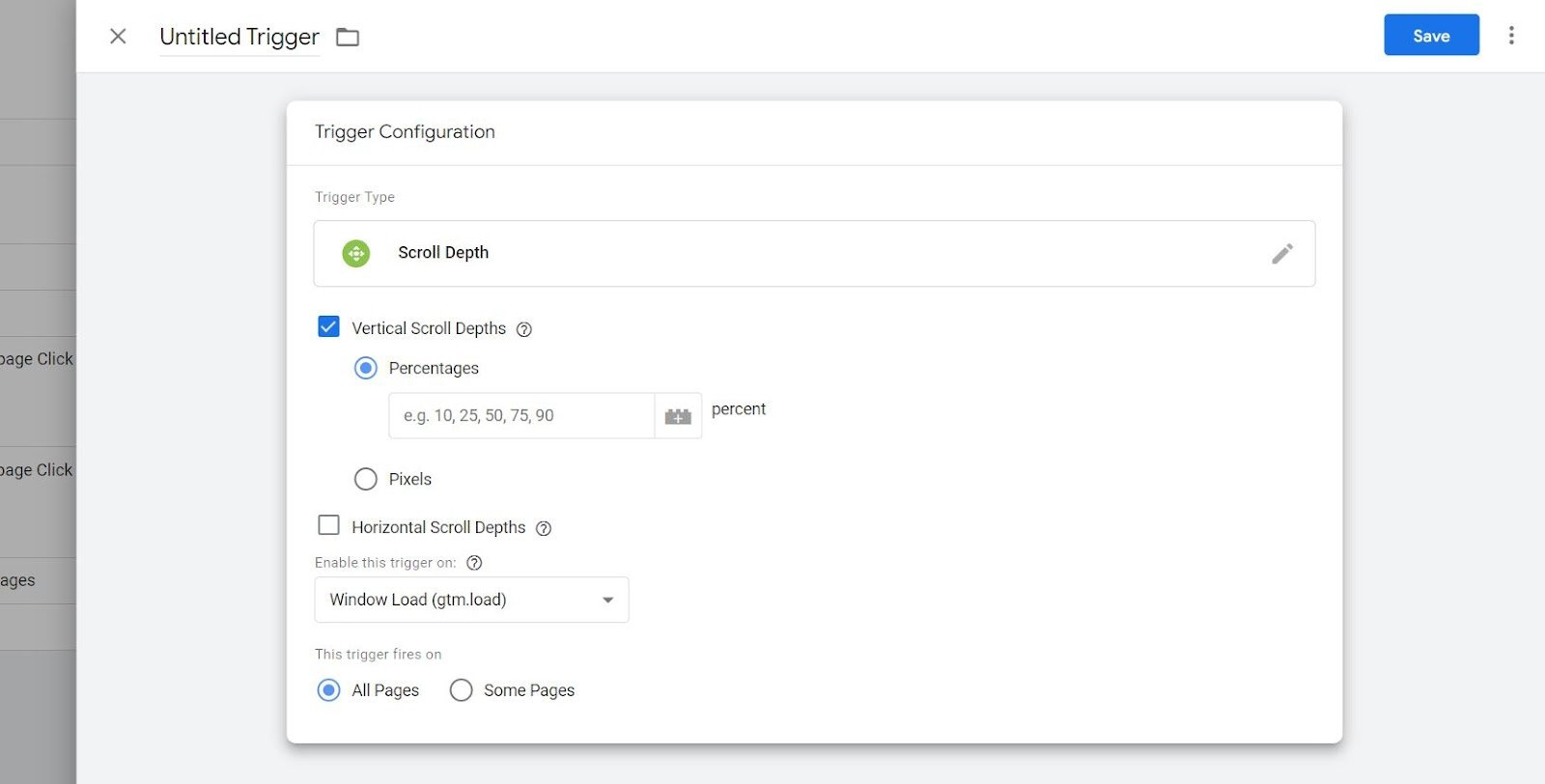 Configurando o gatilho para profundidade de rolagem no GTM.