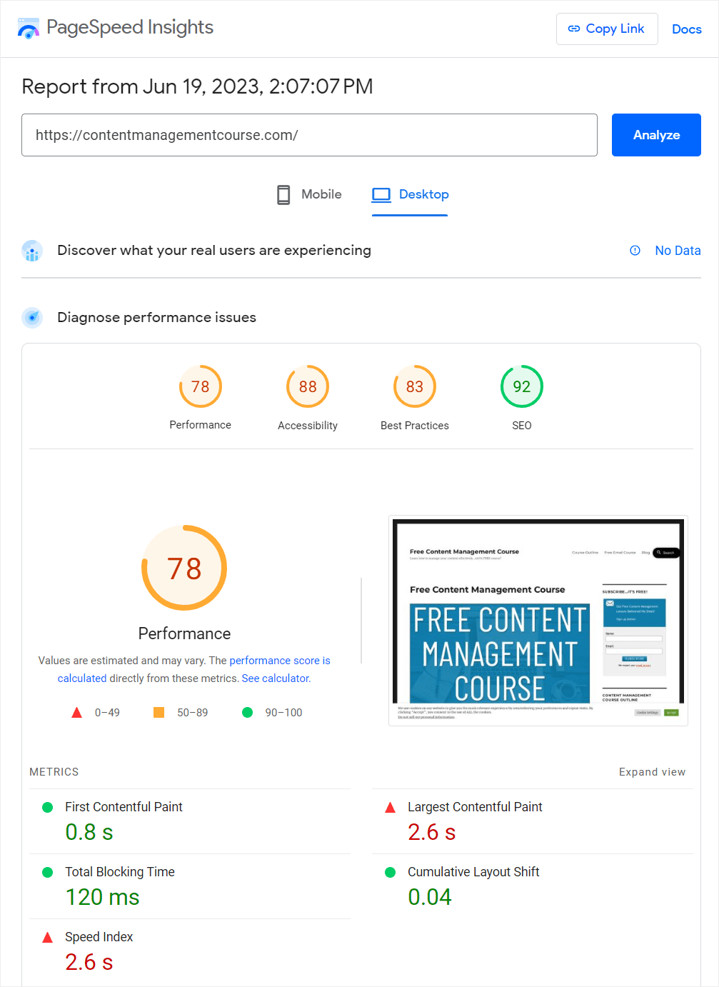 Punteggio PageSpeed ​​Insights