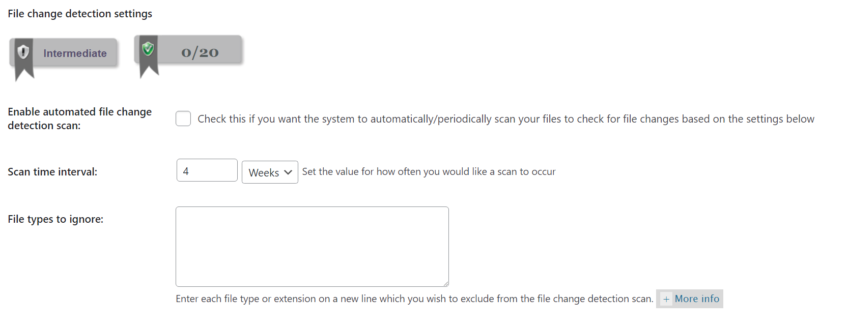 Configuration des paramètres de détection de changement de fichier dans All in One WordPress Security.