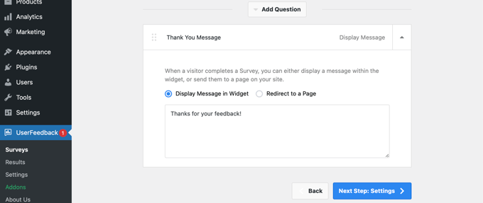 Customizing the UserFeedback Thank You Question