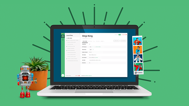 Layout von Flywheel: Möglichkeiten, wie Sie eine lokale WordPress-Entwicklungsumgebung verwenden können: Local by Flywheel Hero Image App auf Laptop mit Roboter