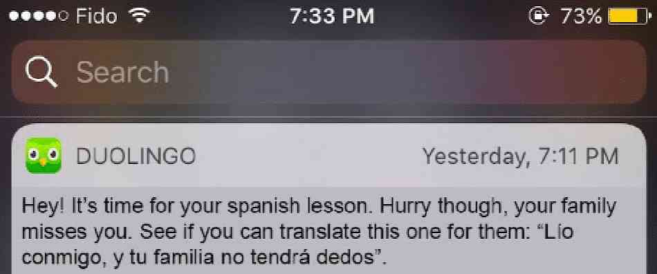 Notificación push creativa de Duolingo