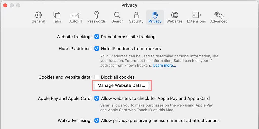 Manage Website Data on Safari