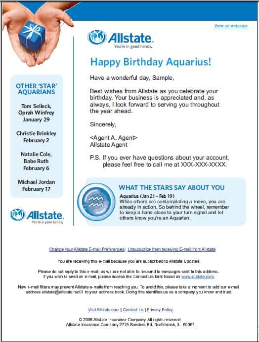 Электронная почта Allstate на день рождения