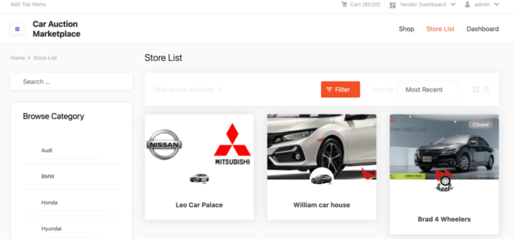 Aceasta este o imagine care arată lista de magazine de mașini într-o piață de licitații de mașini.