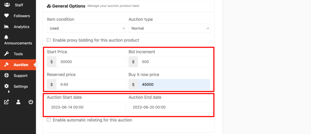 На этом снимке экрана показано, как установить цену ставки в аукционном модуле Dokan.