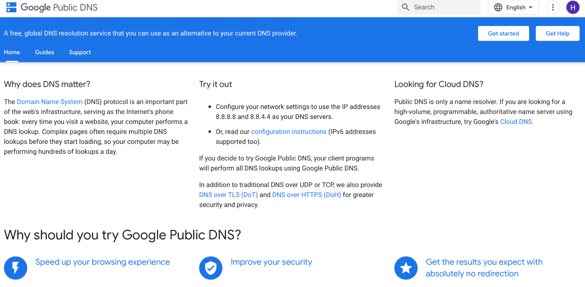Google 퍼블릭 DNS 페이지