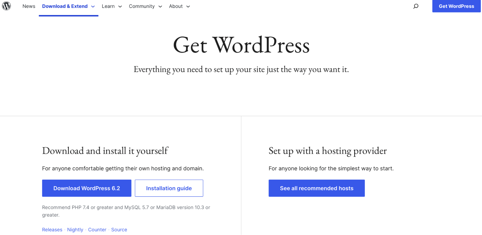 opsi untuk mengunduh WordPress