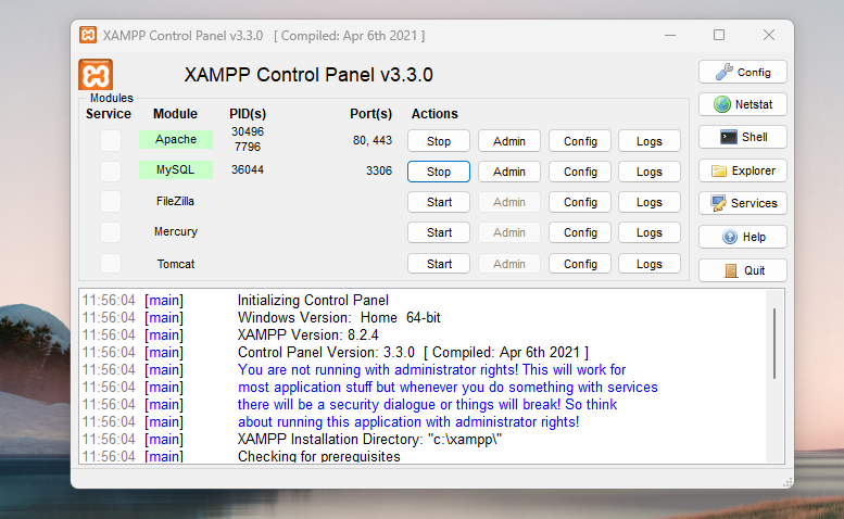 alegerea modulelor în XAMPP