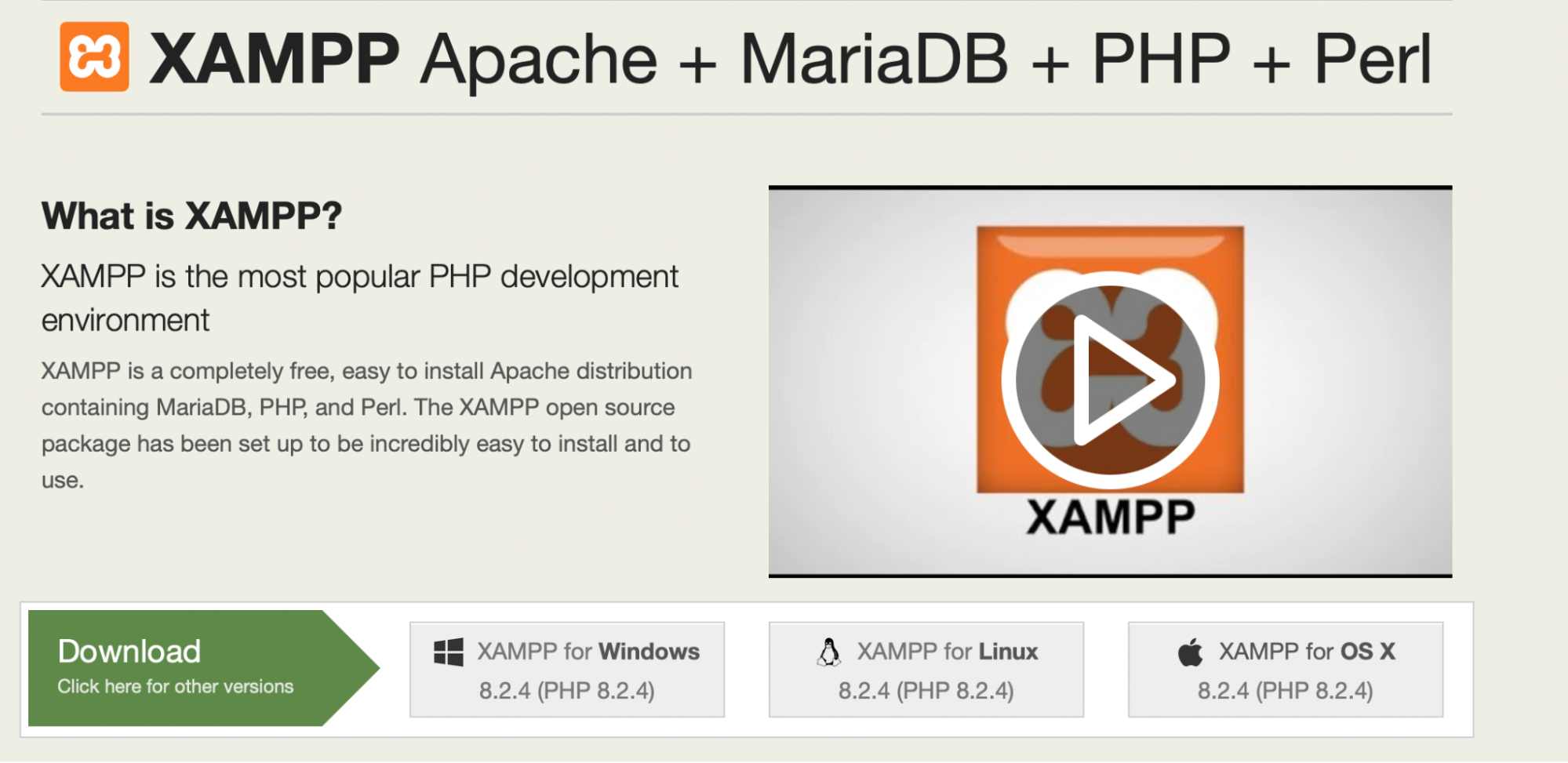 Page d'accueil XAMPP avec informations de téléchargement