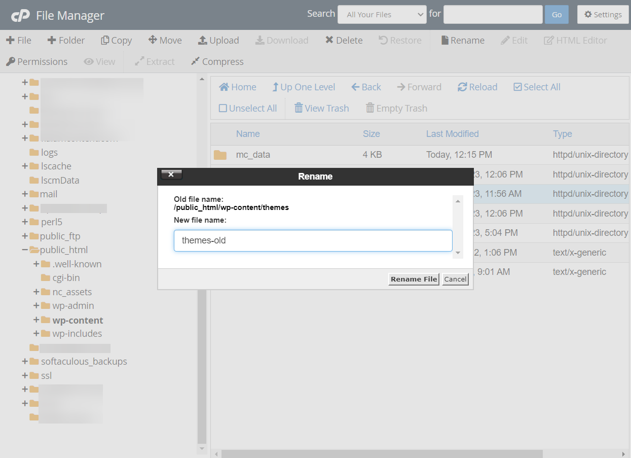 ファイルマネージャーでテーマフォルダーの名前を変更 - WordPress がクラッシュしました。
