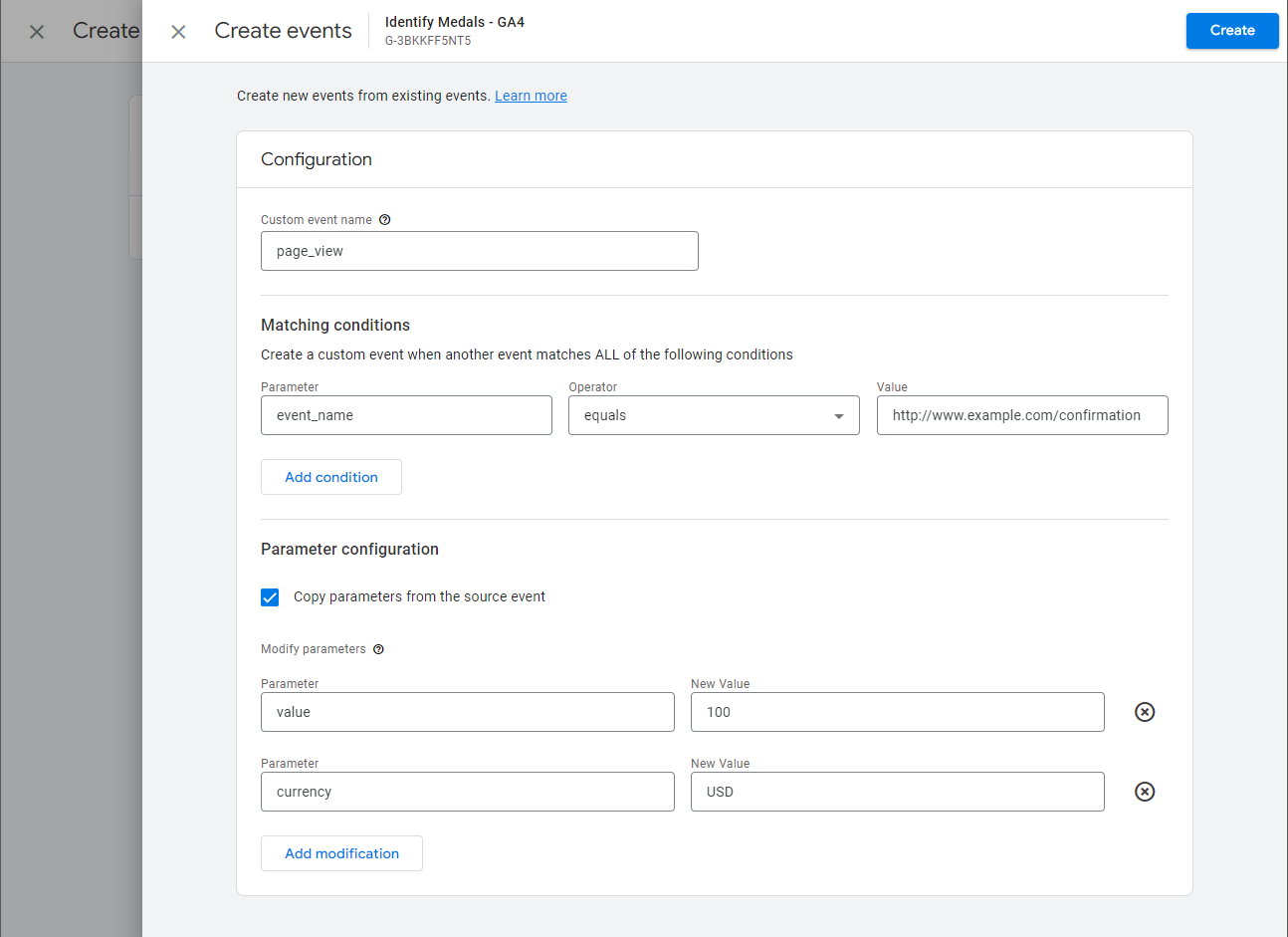 Menentukan kondisi dan parameter pencocokan peristiwa konversi di Google Analytics.