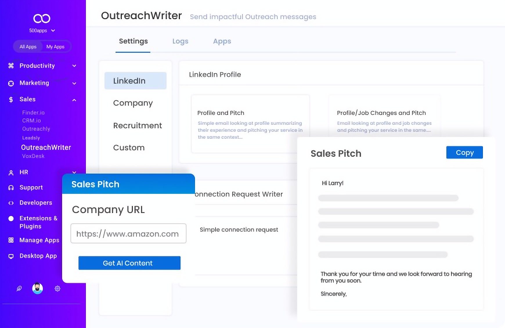 أداة OutreachWriter Sales AI لكتابة Propsect