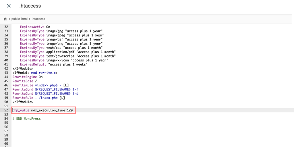 Increasing maximum execution time in .htaccess file