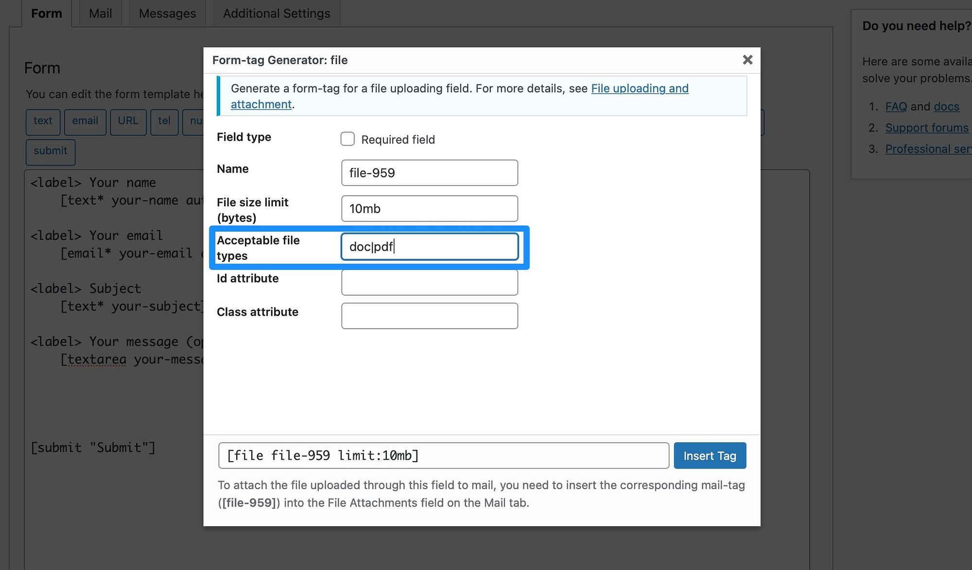 Configura i tipi di file accettati nel modulo di caricamento file.