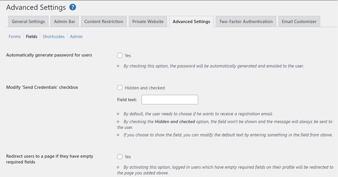 Configurações avançadas para campos