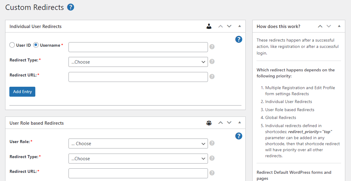 Configurar redirecionamentos para usuários individuais ou função de usuário