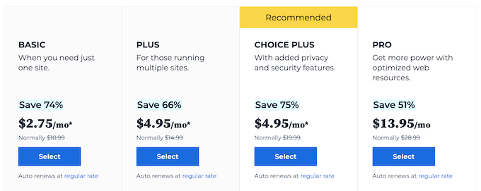 Bluehost's pricing plans