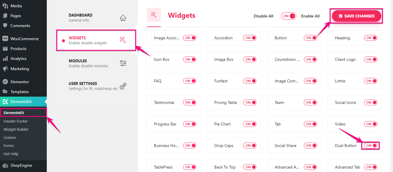 Aktifkan ElementsKit, plugin tombol ganda