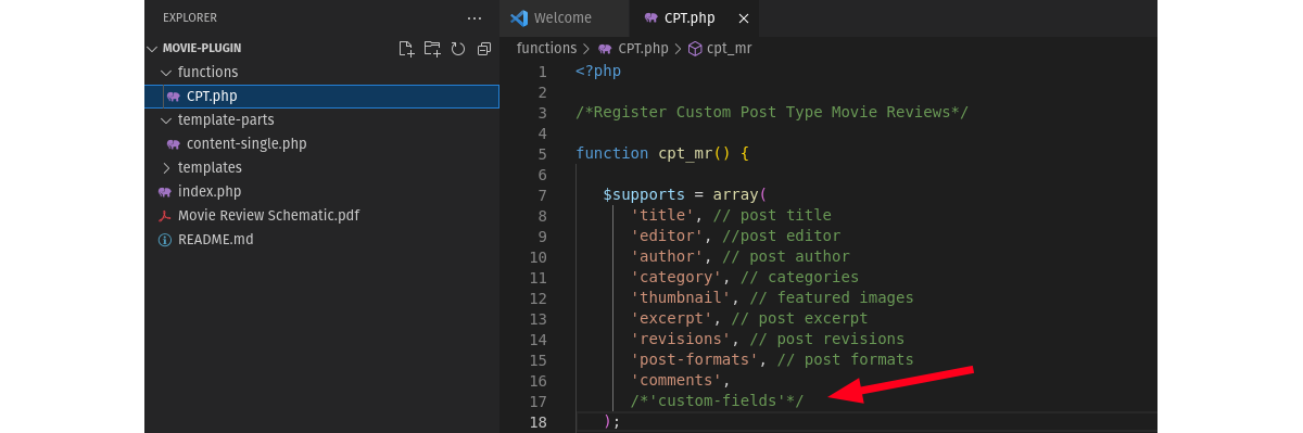 ภาพหน้าจอของ VSCode แสดงโค้ด PHP สำหรับปลั๊กอิน โดยมีลูกศรชี้ไปที่บรรทัดที่ทำการเปลี่ยนแปลง