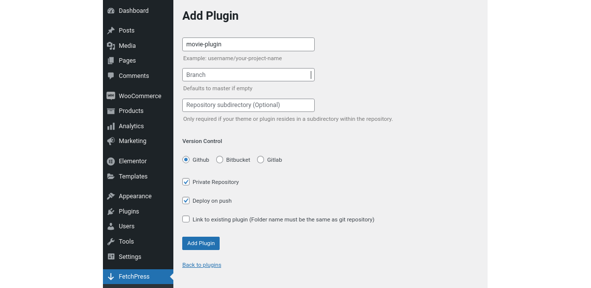 ภาพหน้าจอของเมนู FetchPress ใน WordPress