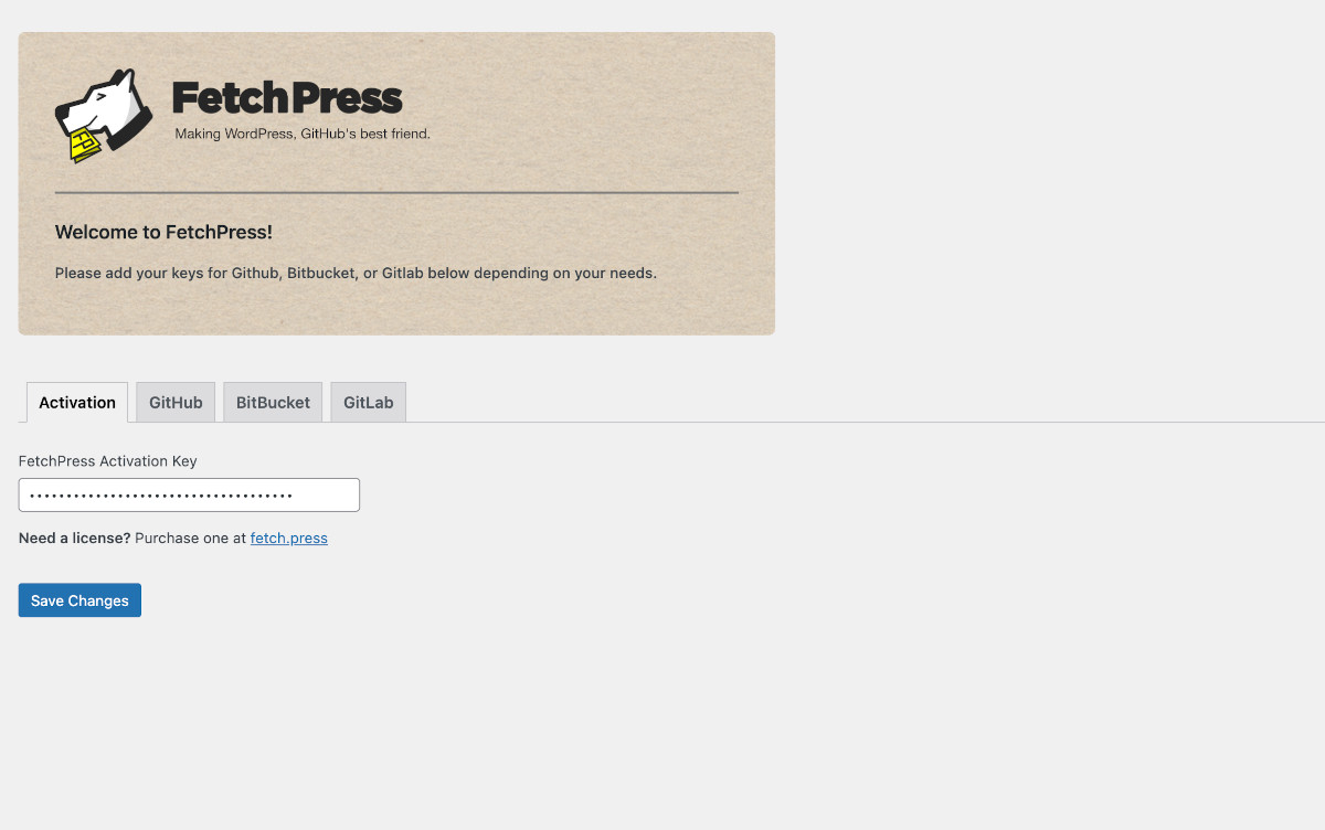 WordPress의 FetchPress 기본 메뉴 스크린샷