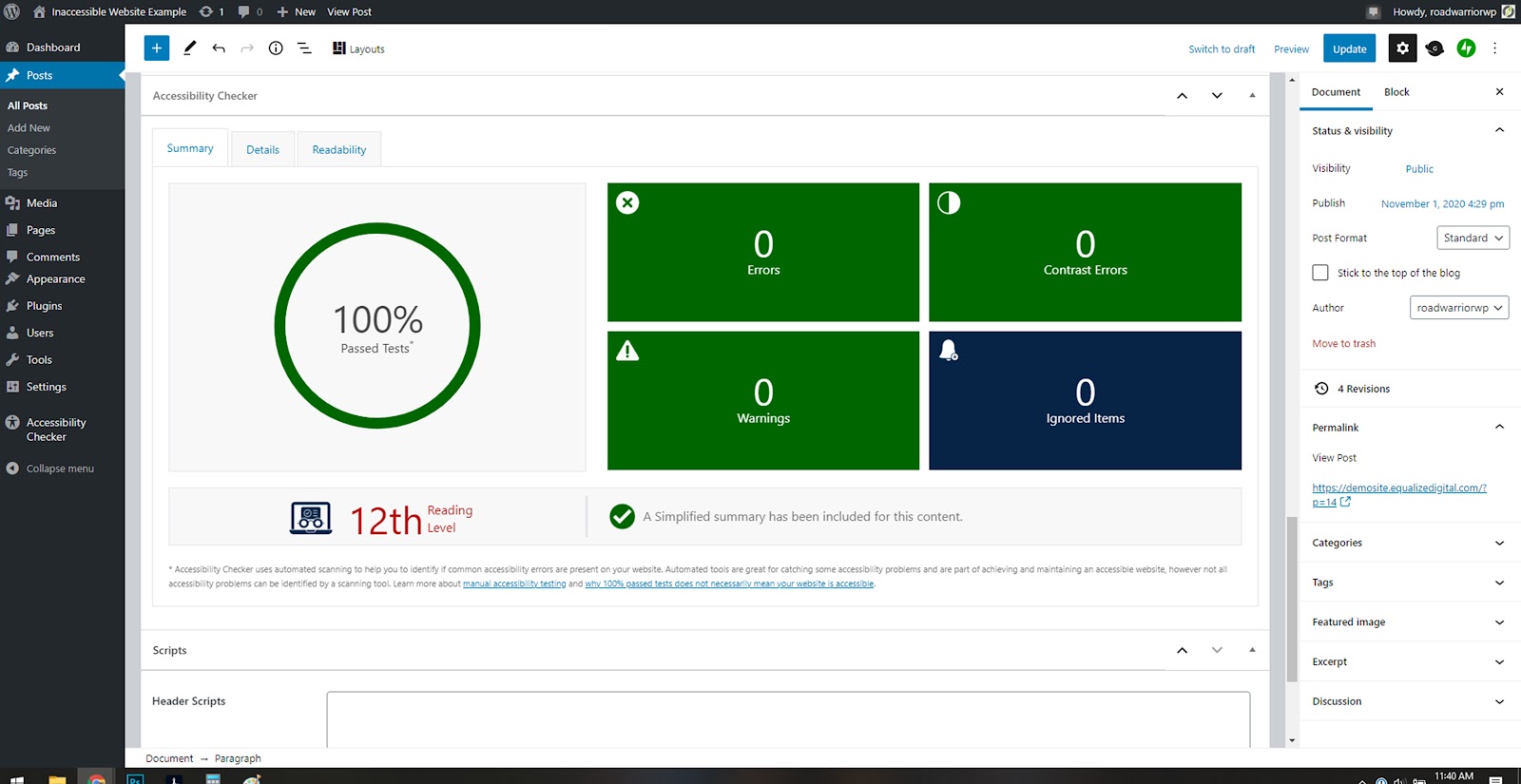 Captura de tela dos testes de execução do plug-in do verificador de acessibilidade