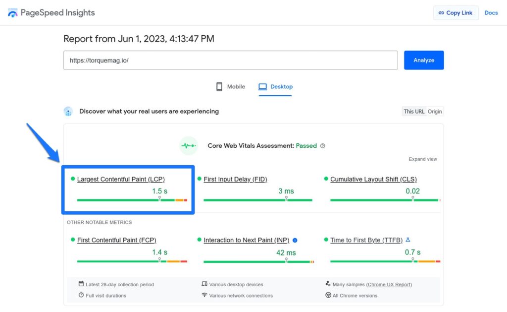 métrica lcp em insights de velocidade de página