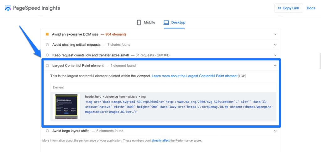 LCP-Element in Pagespeed Insights